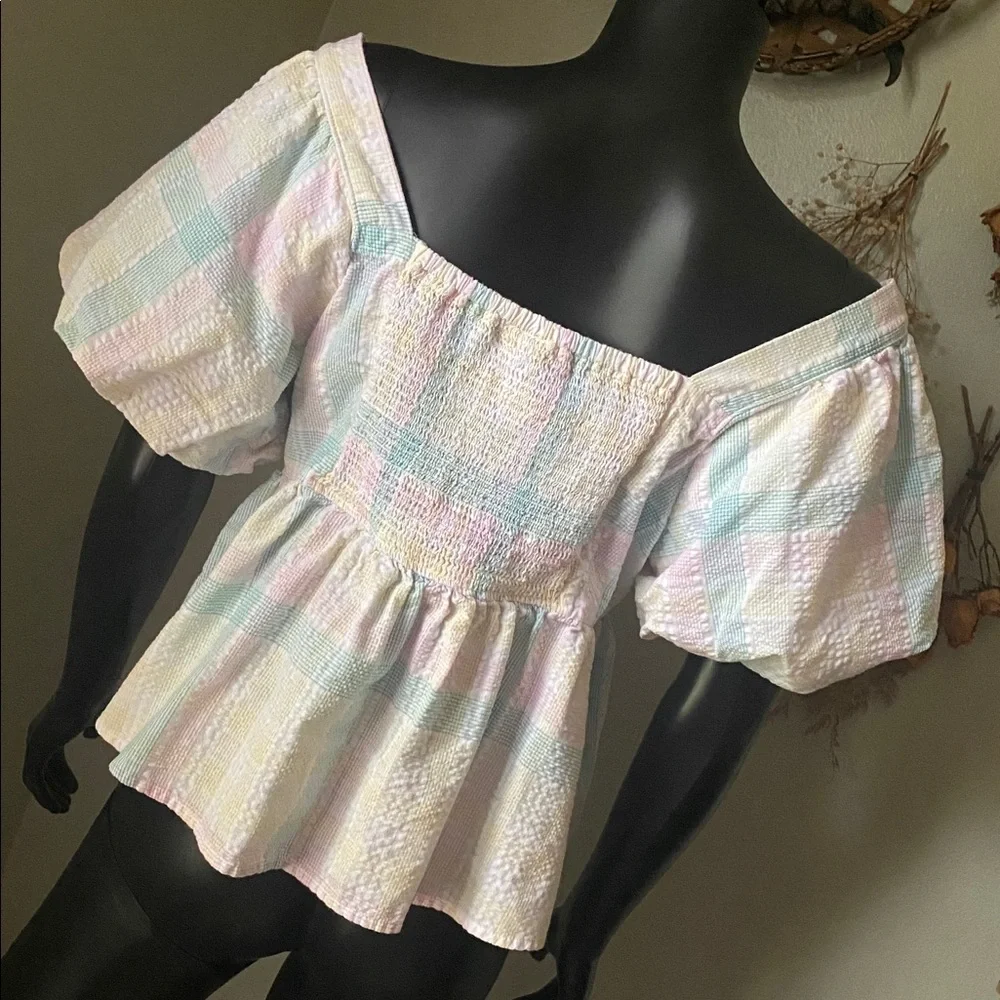 Old Navy Multicolor Plaid Puff Sleeve Blouse